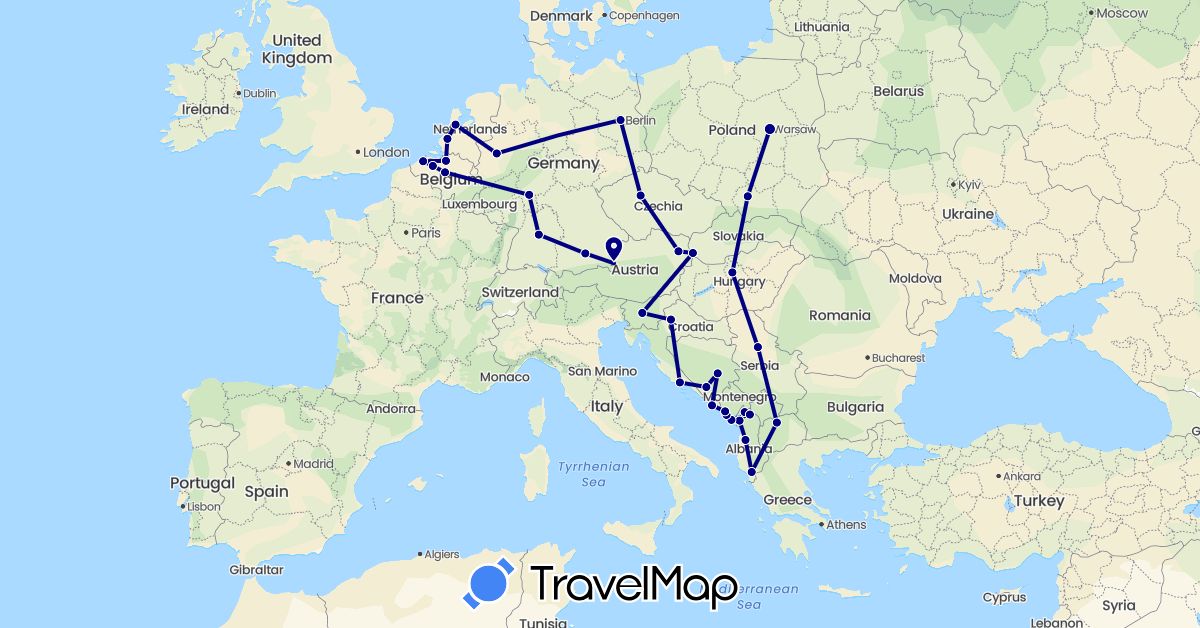 TravelMap itinerary: driving in Albania, Austria, Bosnia and Herzegovina, Belgium, Czech Republic, Germany, Croatia, Hungary, Montenegro, Macedonia, Netherlands, Poland, Serbia, Slovenia, Slovakia (Europe)
